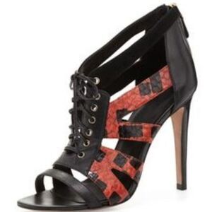 Nib Rebecca Minkoff Black Red Snake Print Lace High Heels Booties 36 / 6